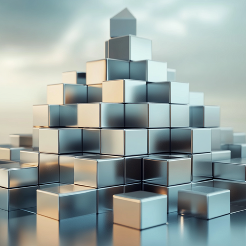 Modulares 3D-Modell aus glänzenden Blöcken in unterschiedlichen Größen, das die Skalierbarkeit und Struktur von Hosting-Lösungen für Start-ups symbolisiert.